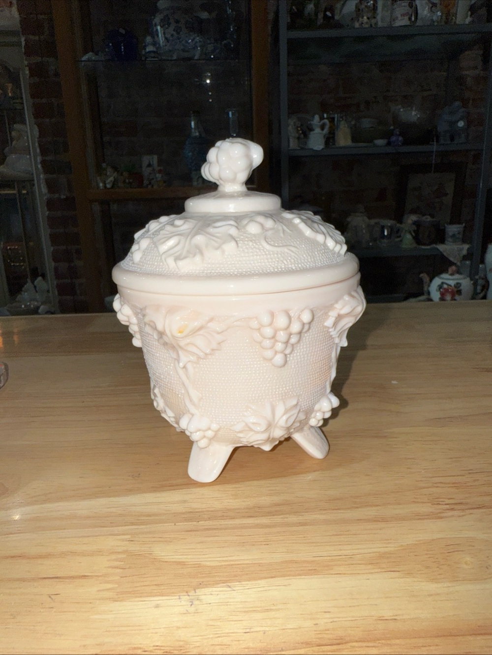 Pink Milk Glass Covered Candy Dish with Grape Motif
